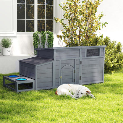 Wood Dog House, Outdoor Dog Kennel with Food Bowls, Storage Box