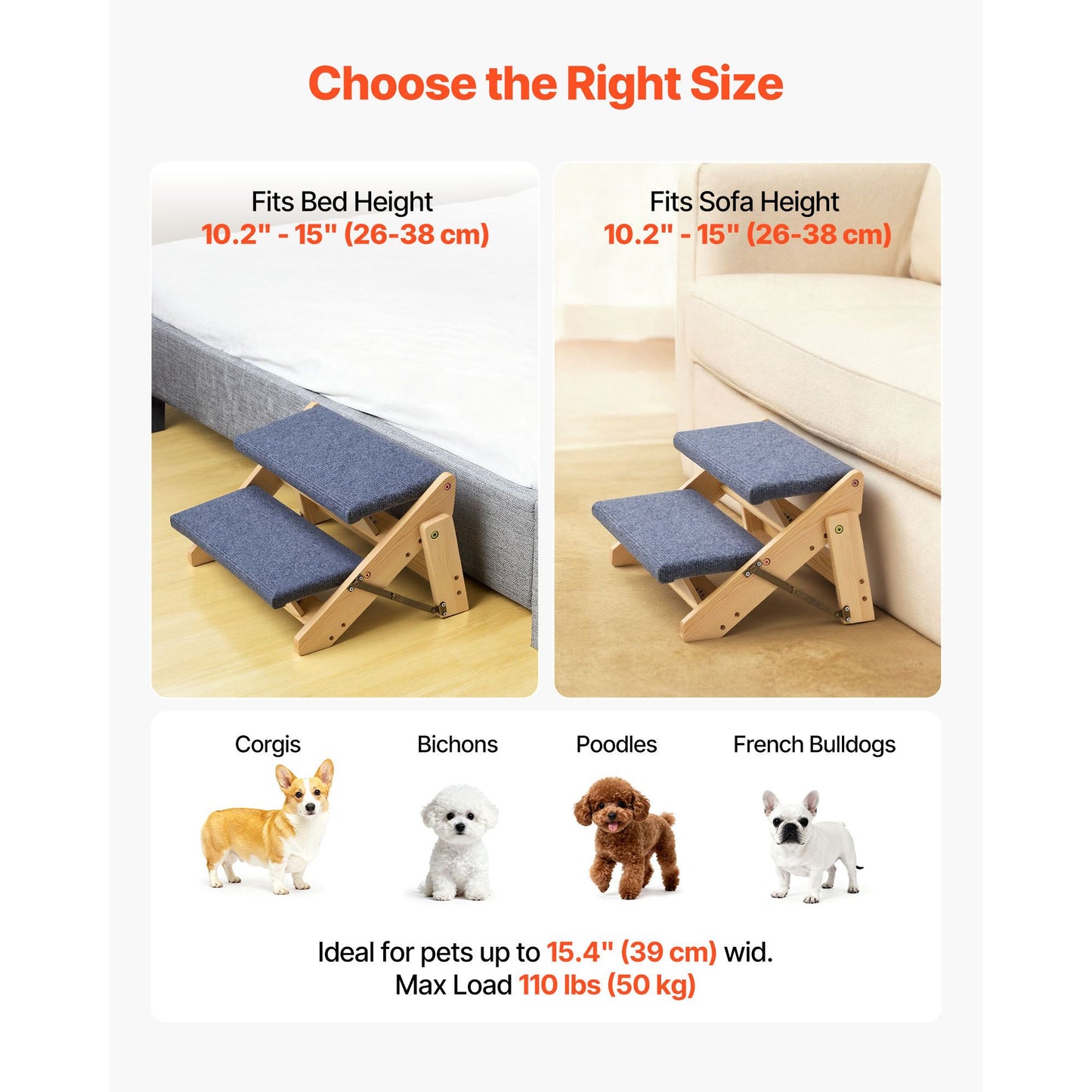 Wood Pet Stairs, 2-Step Dog Stairs for Beds, Sofa & Cars, 110lbs