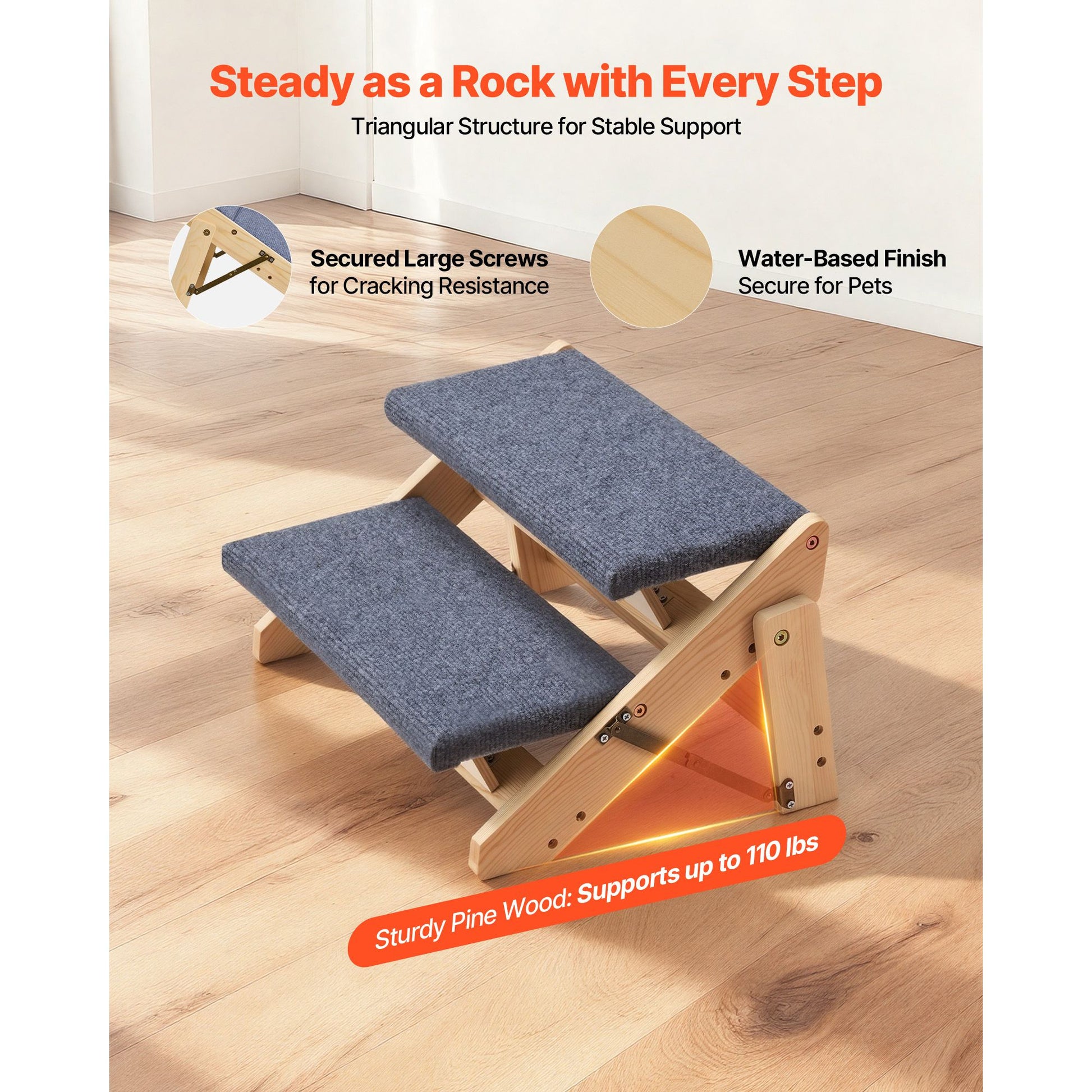 Wood Pet Stairs, 2-Step Dog Stairs for Beds, Sofa & Cars, 110lbs