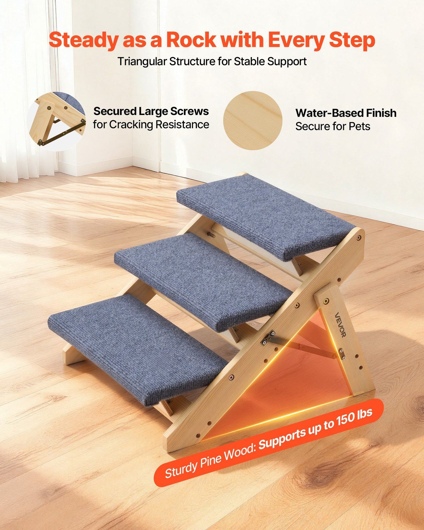 Wood Pet Stairs, 3-Step Dog Stairs for Beds, Sofa & Cars, 150lbs