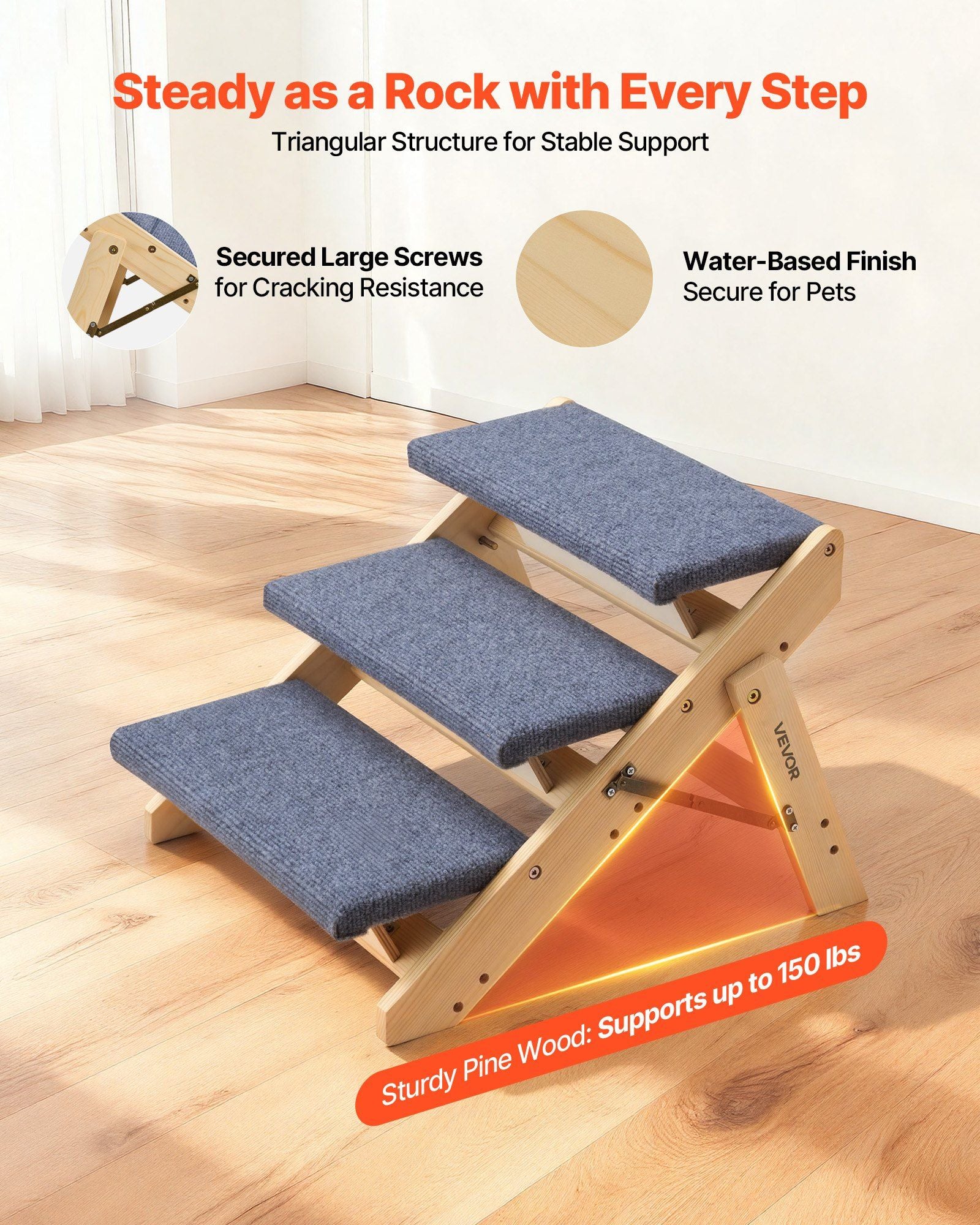 Wood Pet Stairs, 3-Step Dog Stairs for Beds, Sofa & Cars, 150lbs