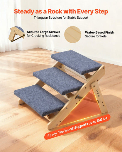 Wood Pet Stairs, 3-Step Dog Stairs for Beds, Sofa & Cars, 150lbs