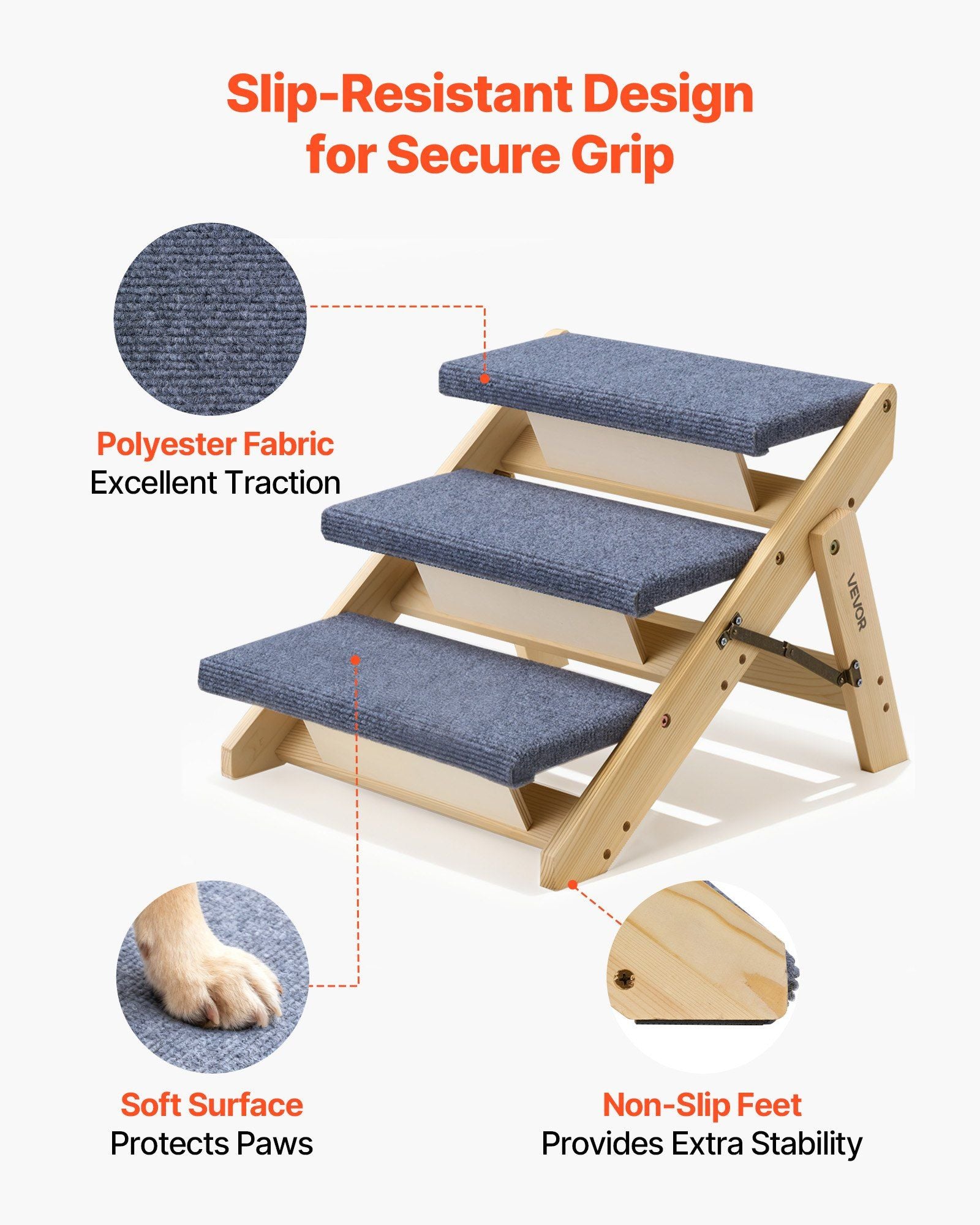 Wood Pet Stairs, 3-Step Dog Stairs for Beds, Sofa & Cars, 150lbs