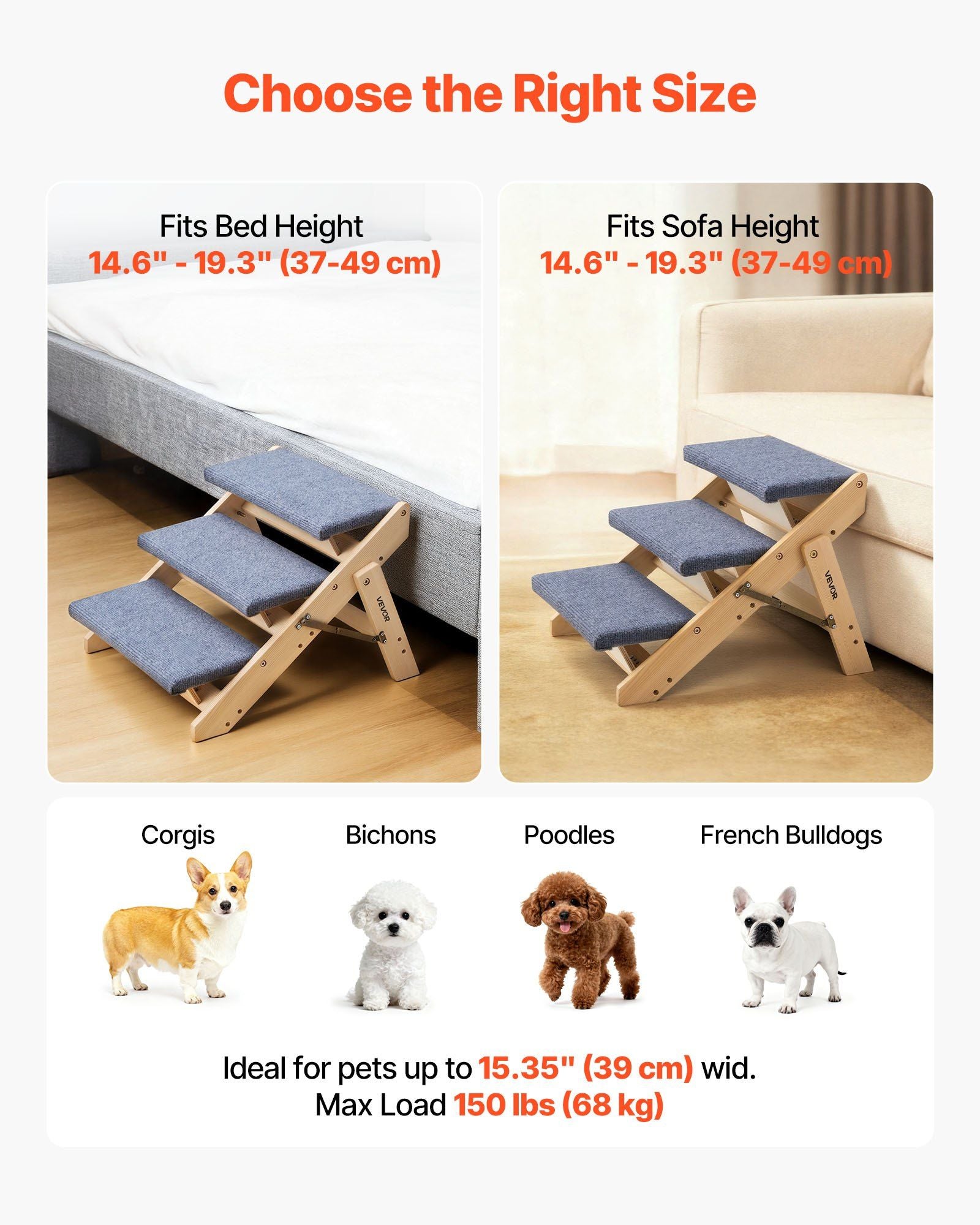 Wood Pet Stairs, 3-Step Dog Stairs for Beds, Sofa & Cars, 150lbs