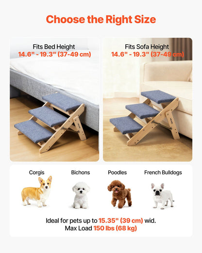 Wood Pet Stairs, 3-Step Dog Stairs for Beds, Sofa & Cars, 150lbs