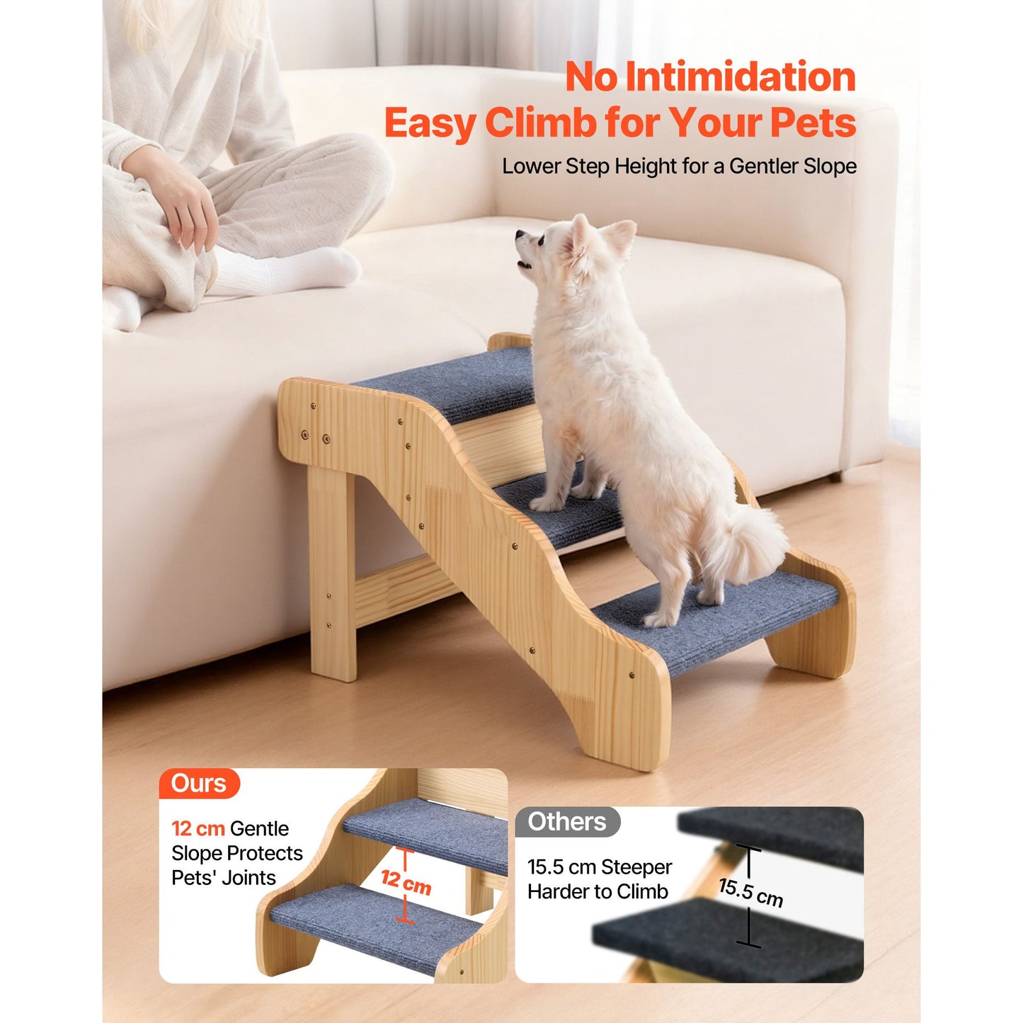 Wood Pet Stairs, 3-Step Dog Stairs for High Beds, Sofa & Cars