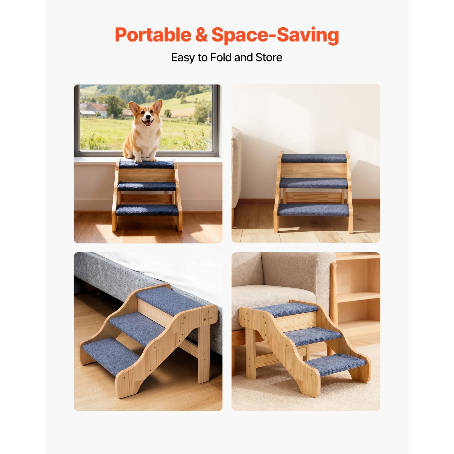 Wood Pet Stairs, 3-Step Dog Stairs for High Beds, Sofa & Cars