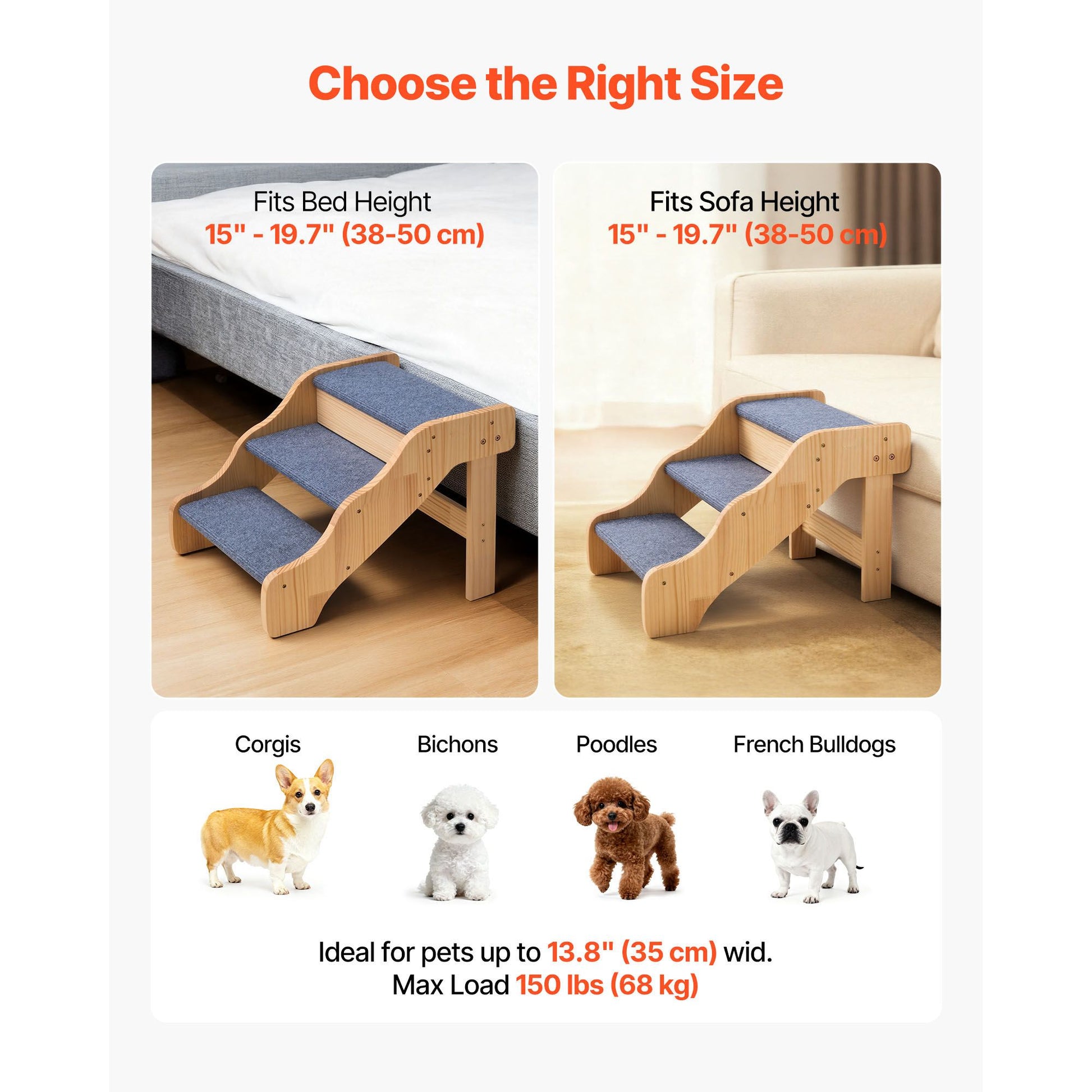 Wood Pet Stairs, 3-Step Dog Stairs for High Beds, Sofa & Cars