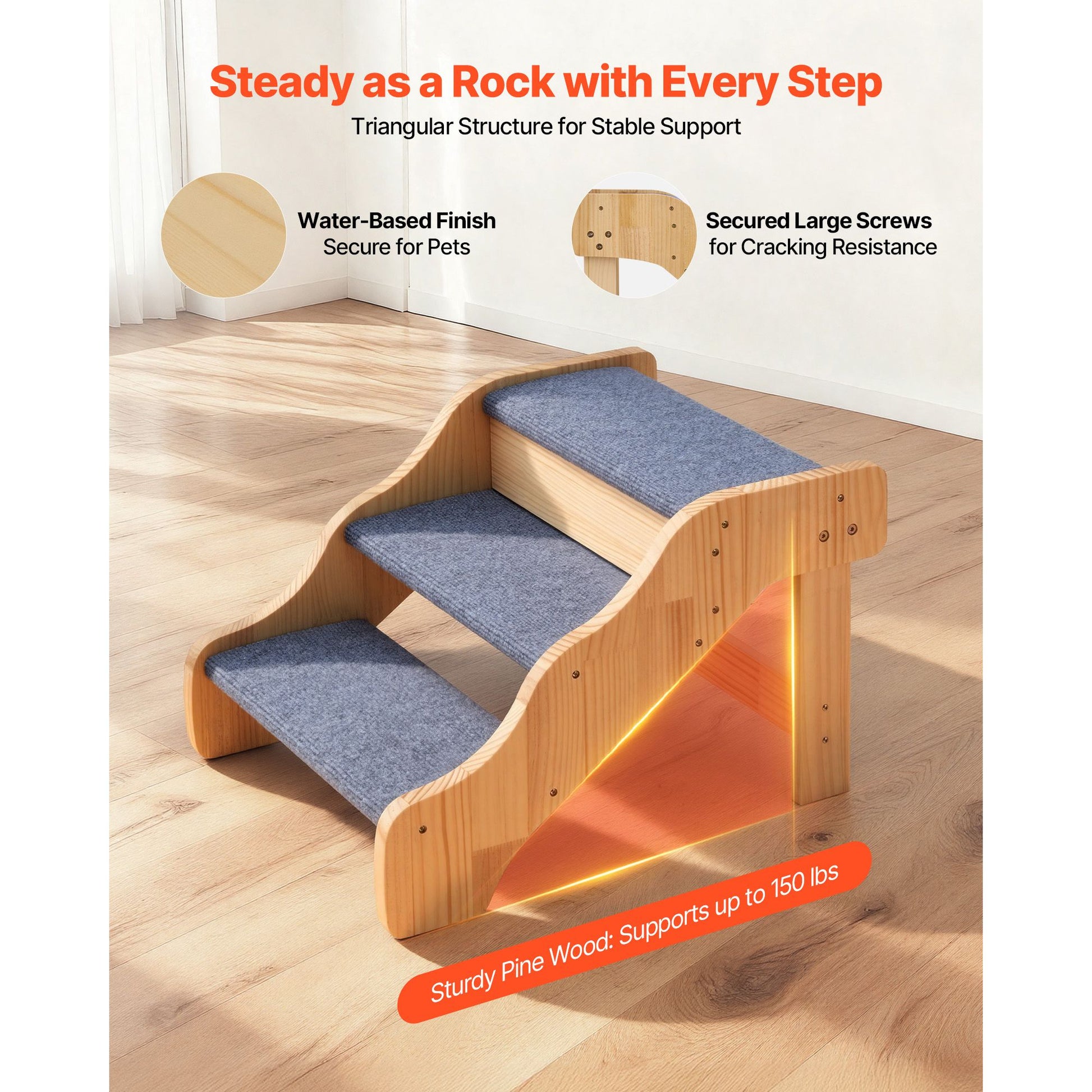 Wood Pet Stairs, 3-Step Dog Stairs for High Beds, Sofa & Cars