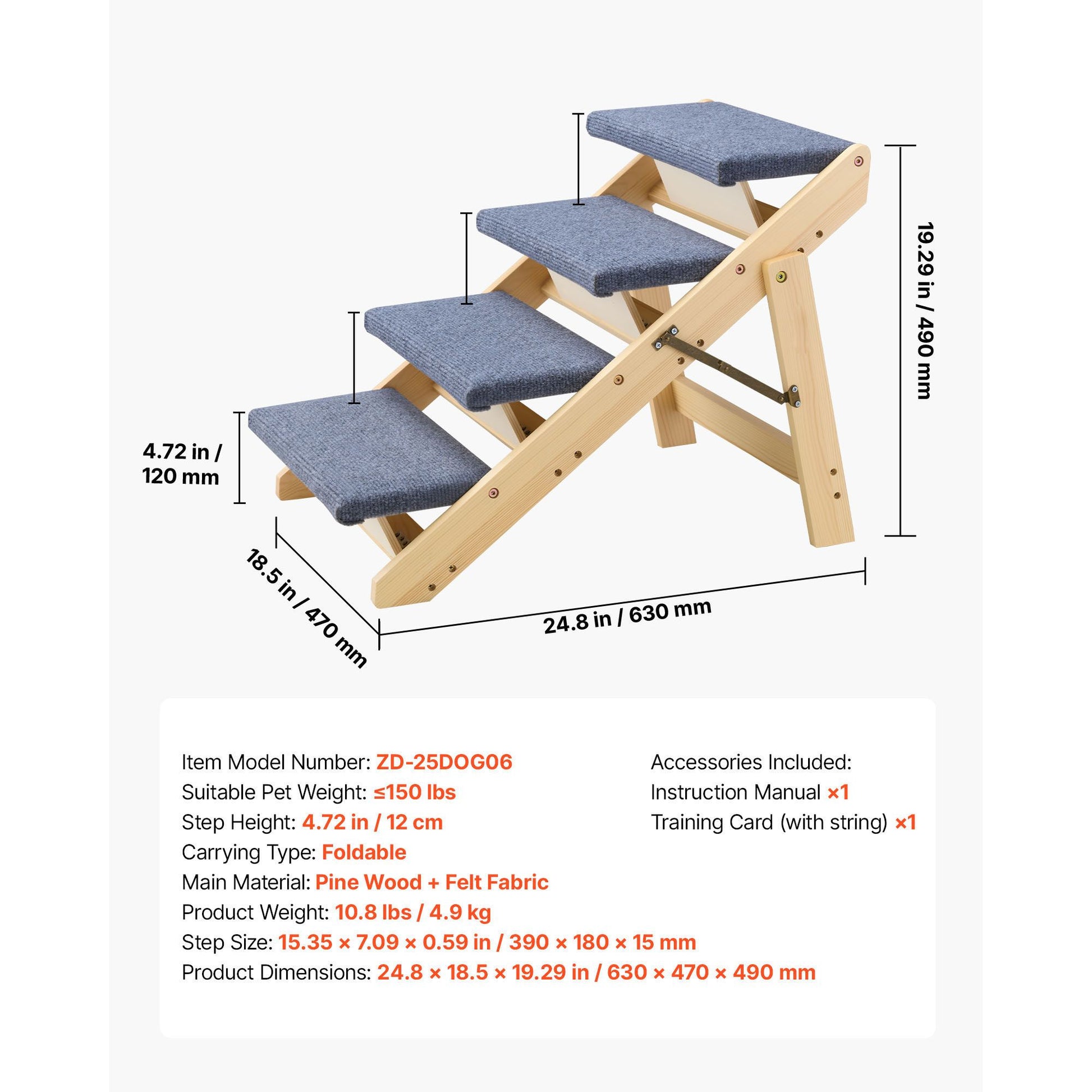 Wood Pet Stairs, 4-Step Dog Stairs for Beds, Sofa & Cars, 150lbs