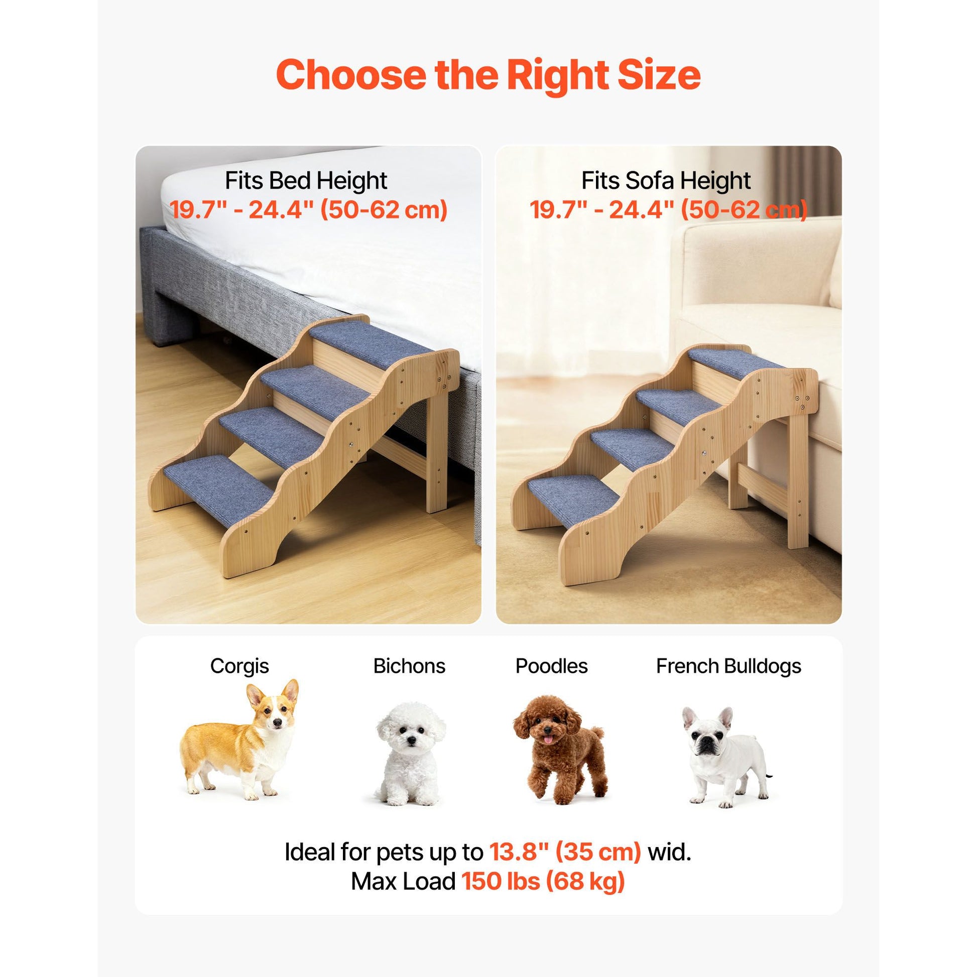Wood Pet Stairs, 4-Step Dog Stairs for High Beds, Sofa & Cars