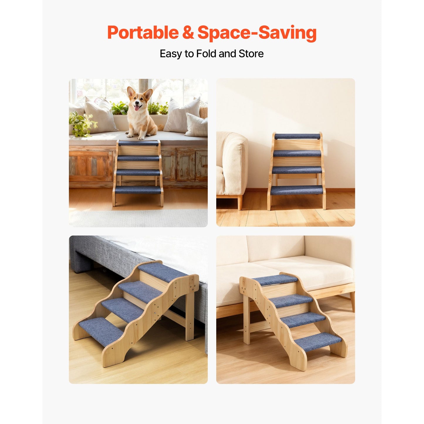 Wood Pet Stairs, 4-Step Dog Stairs for High Beds, Sofa & Cars