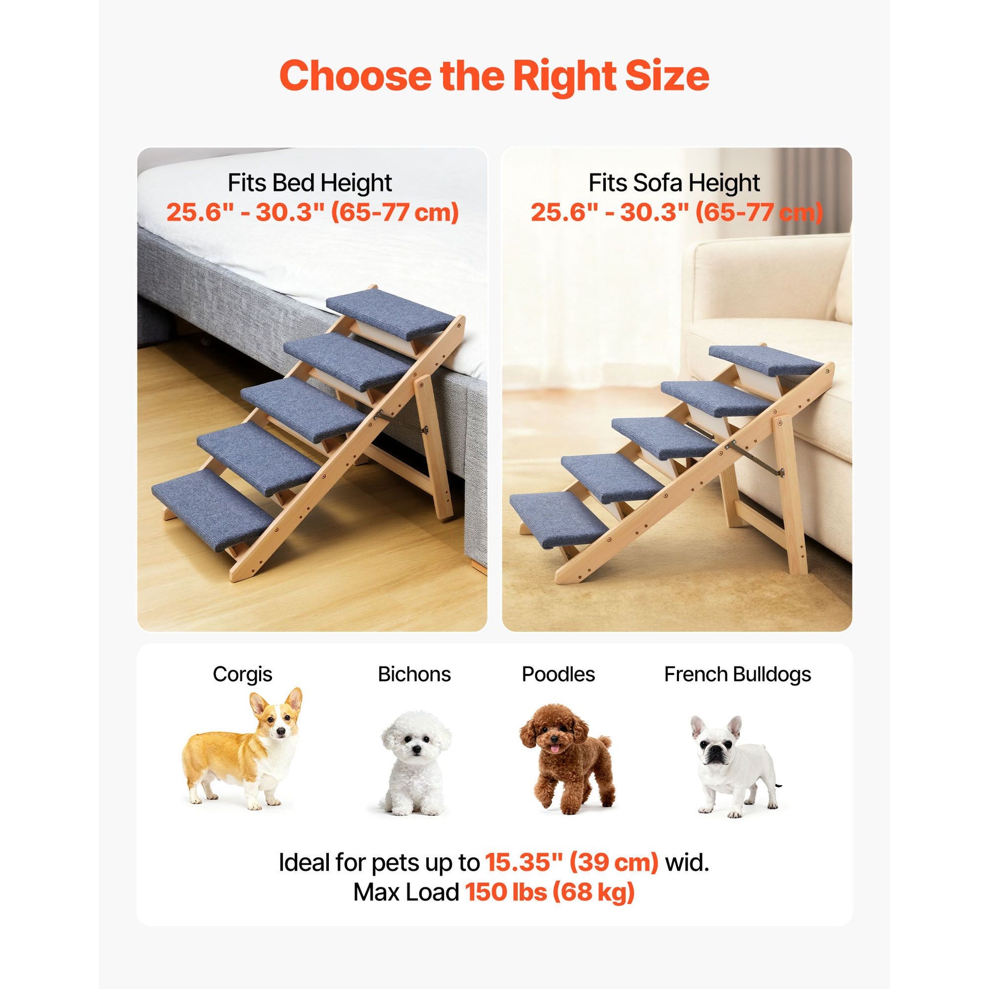 Wood Pet Stairs, 5-Step Dog Stairs for Beds, Sofa & Cars, 150lbs