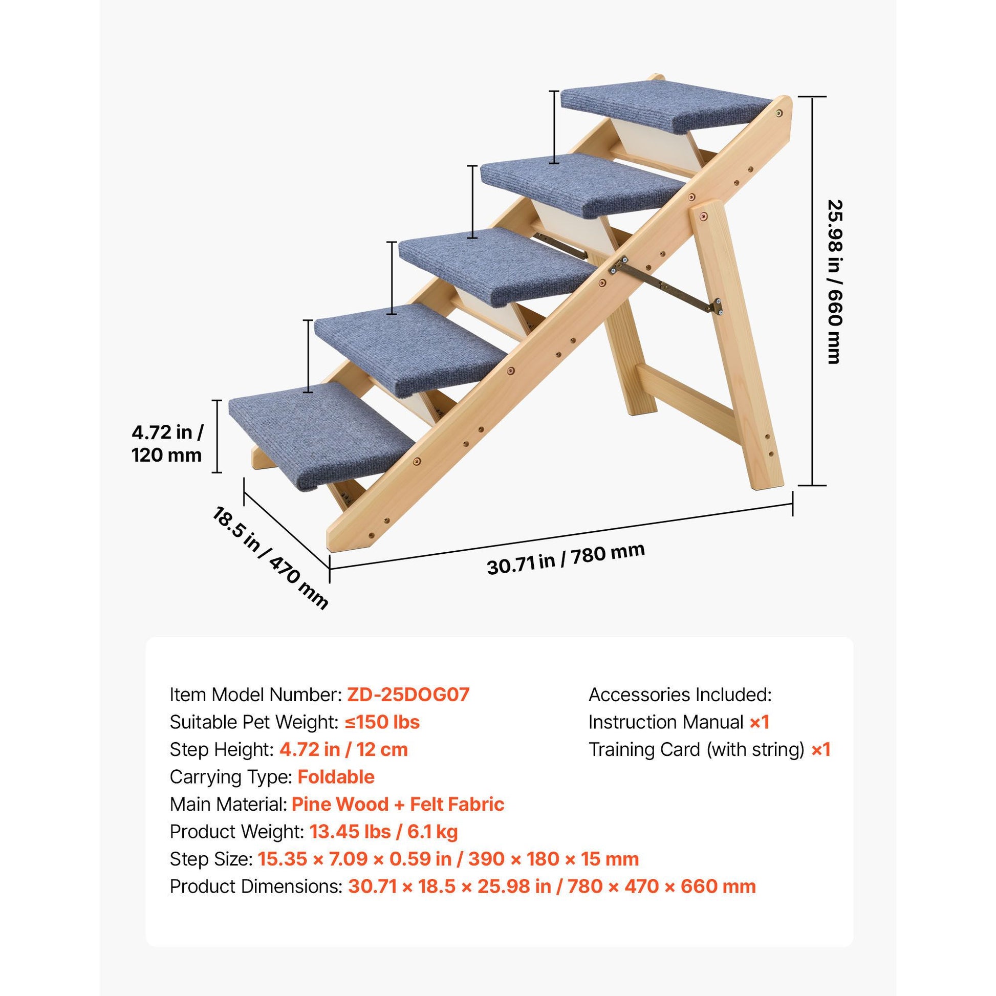 Wood Pet Stairs, 5-Step Dog Stairs for Beds, Sofa & Cars, 150lbs