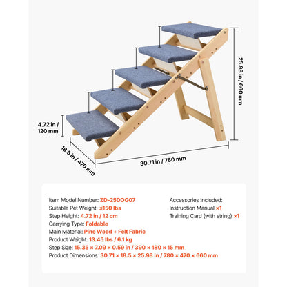 Wood Pet Stairs, 5-Step Dog Stairs for Beds, Sofa & Cars, 150lbs