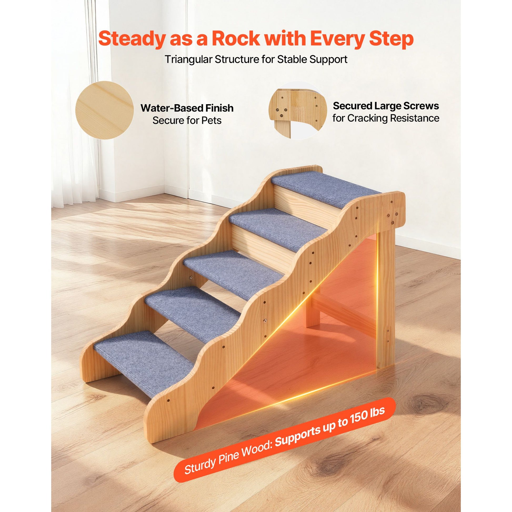 Wood Pet Stairs, 5-Step Dog Stairs for High Beds, Sofa & Cars