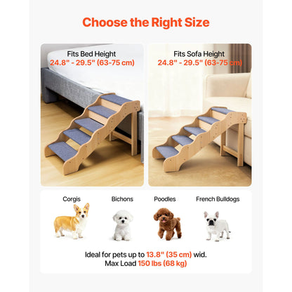 Wood Pet Stairs, 5-Step Dog Stairs for High Beds, Sofa & Cars