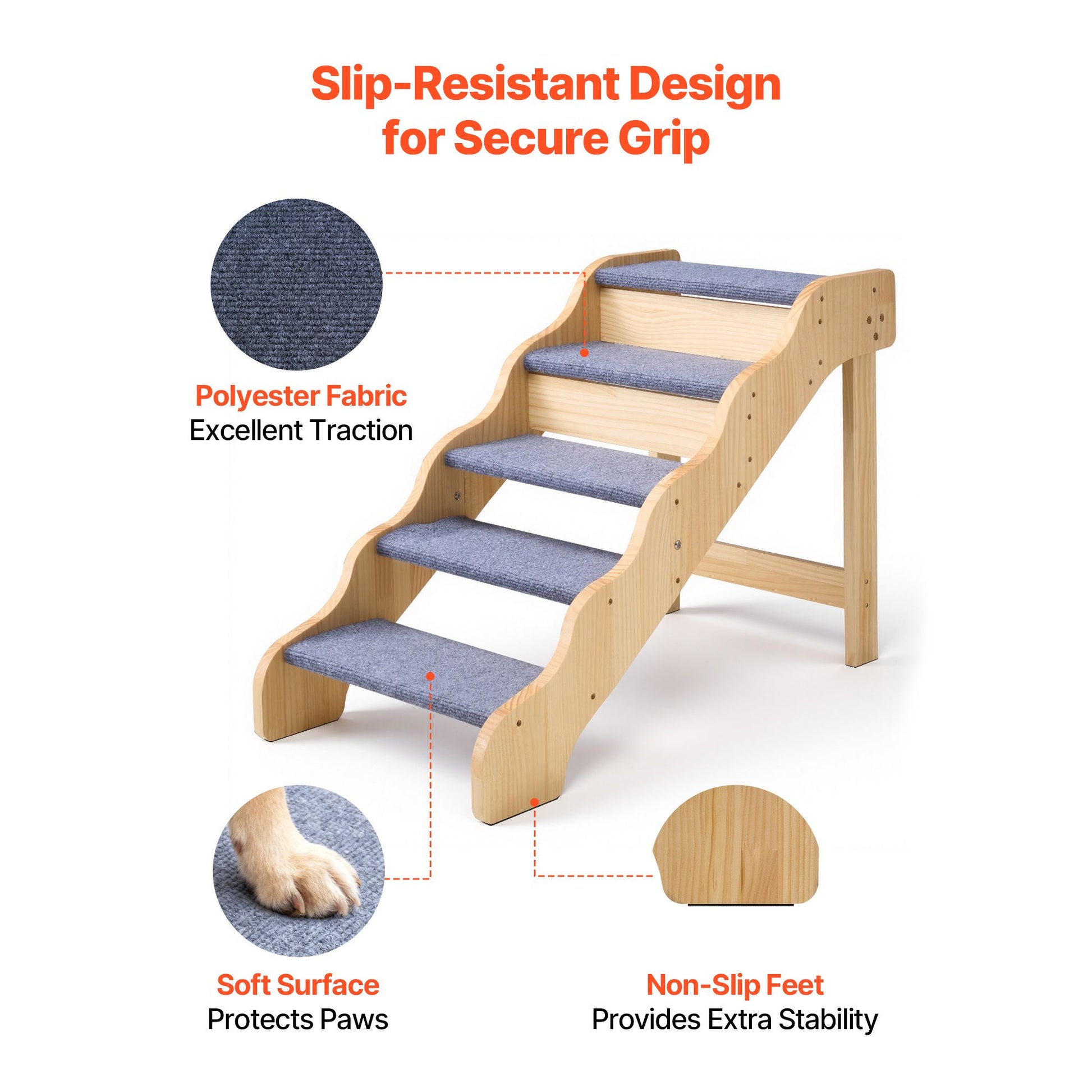 Wood Pet Stairs, 5-Step Dog Stairs for High Beds, Sofa & Cars