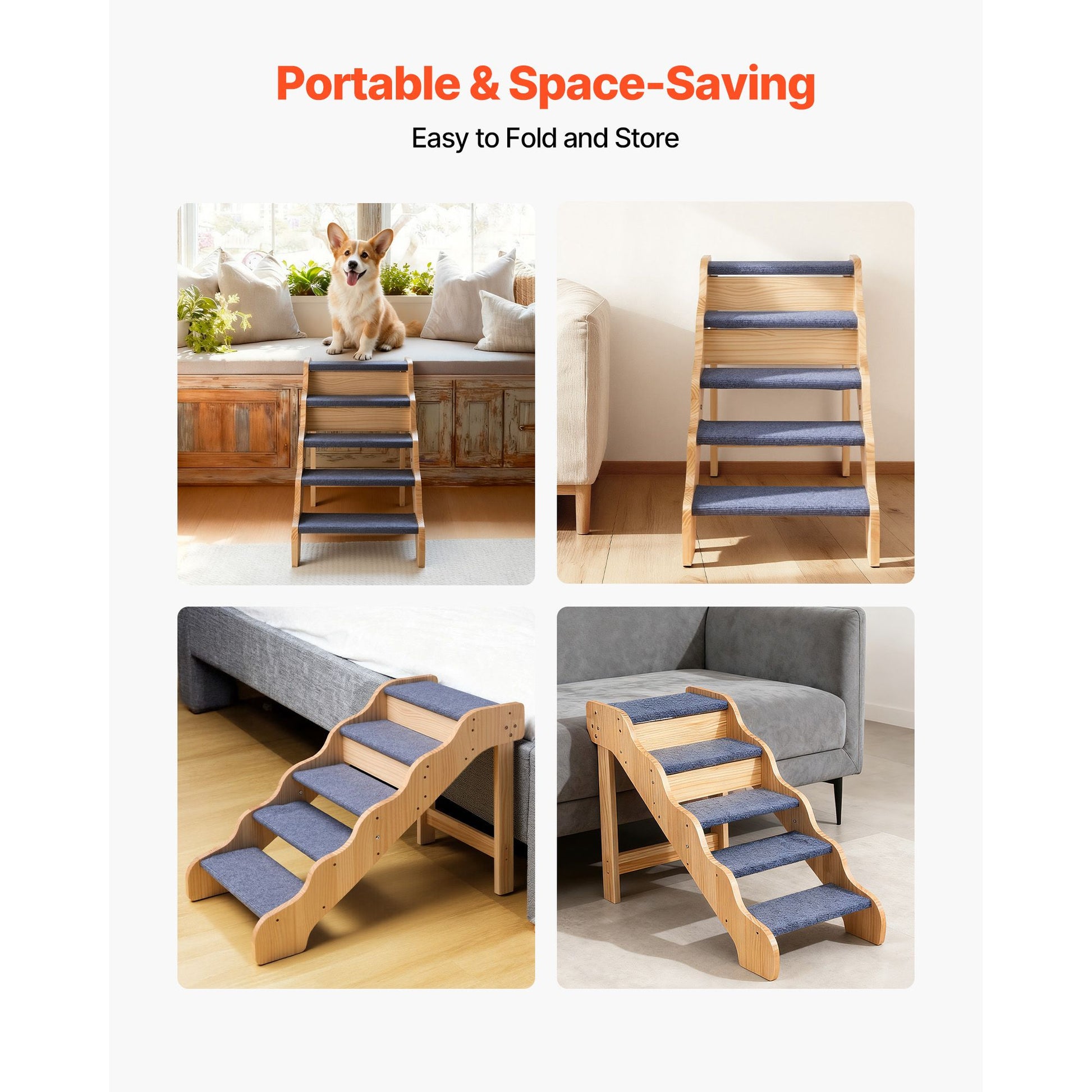 Wood Pet Stairs, 5-Step Dog Stairs for High Beds, Sofa & Cars