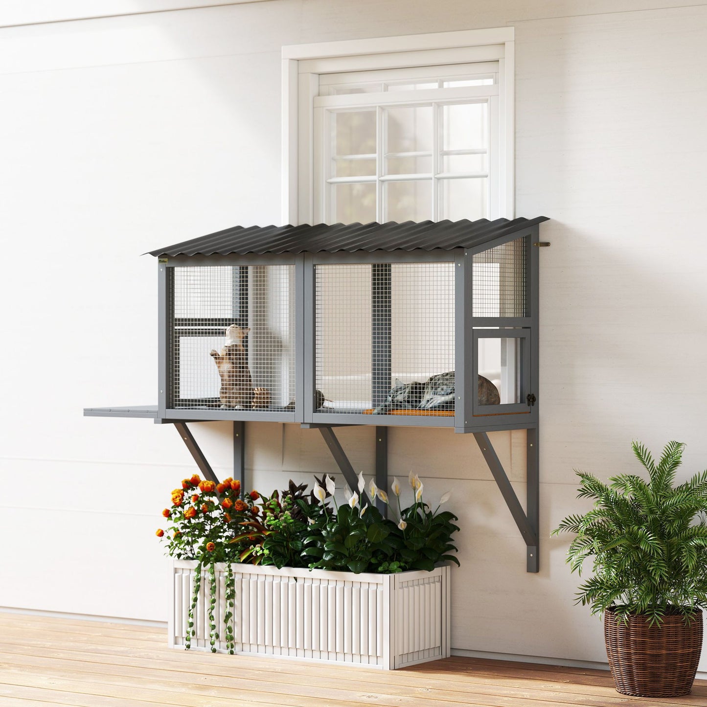 Wooden Cat Catio, Outdoor Cat Enclosure Window Perch with Jumping