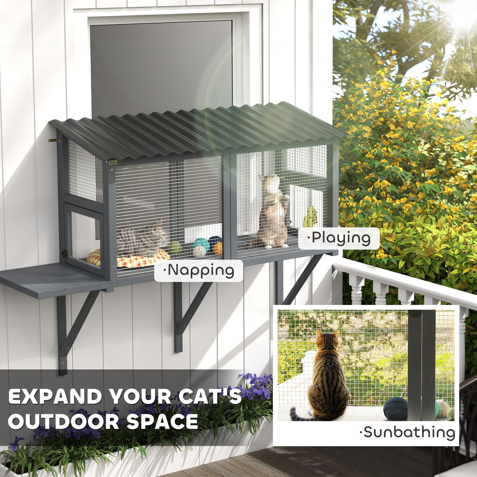 Wooden Cat Catio, Outdoor Cat Enclosure Window Perch with Jumping