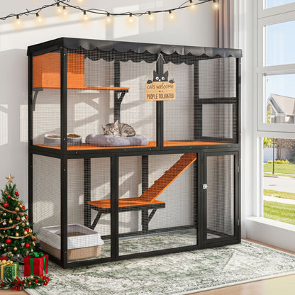 Wooden Catio Outdoor Cat Enclosure Large Cat House for Mulitiple