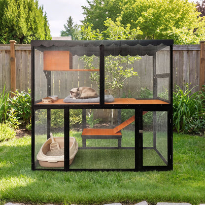 Wooden Catio Outdoor Cat Enclosure Large Cat House for Mulitiple