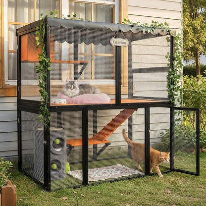 Wooden Catio Outdoor Cat Enclosure Large Cat House for Mulitiple