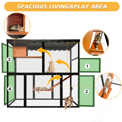 Wooden Catio Outdoor Cat Enclosure Large Cat House for Mulitiple