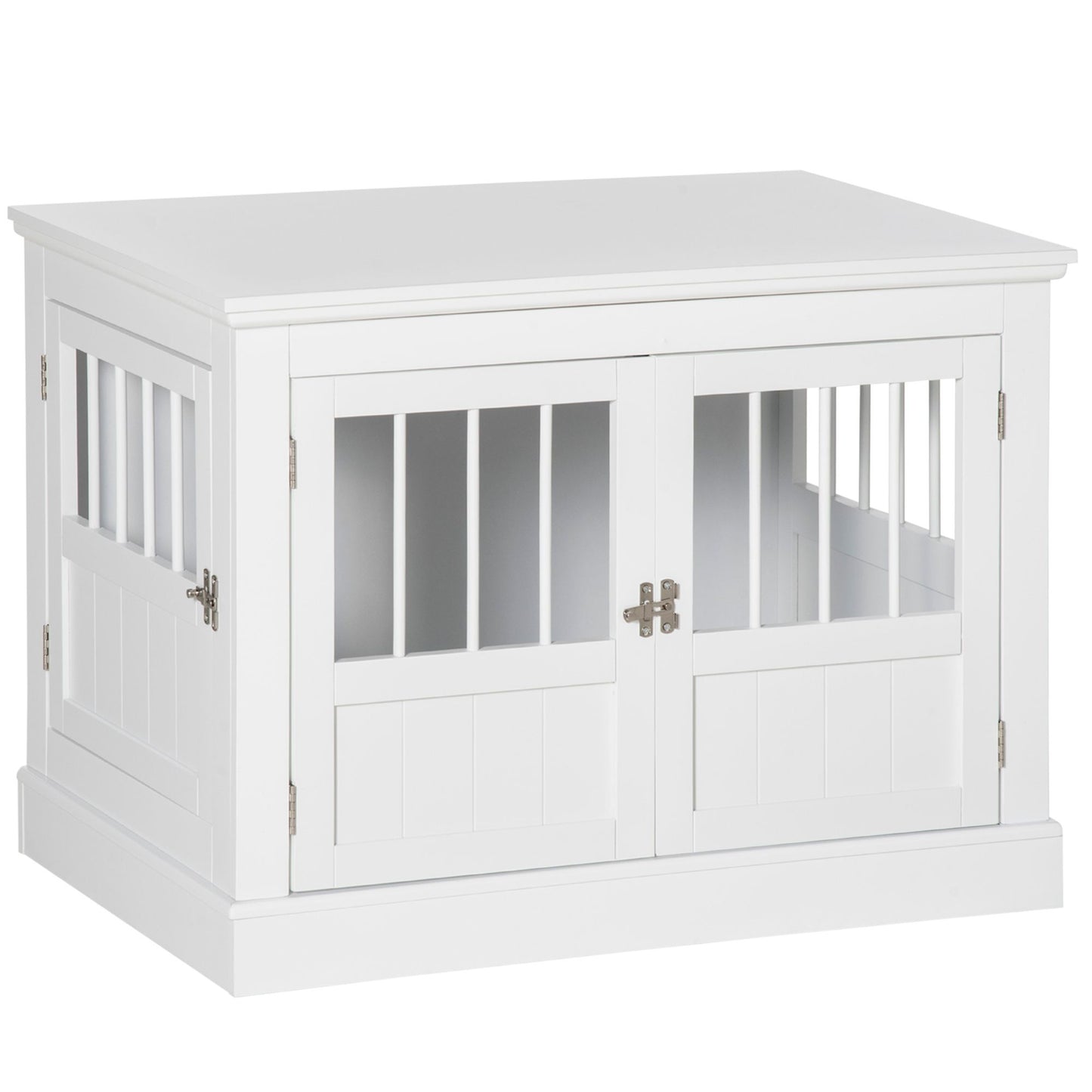 Wooden Dog Crate End Table, White, Triple Doors, Steel Tubes