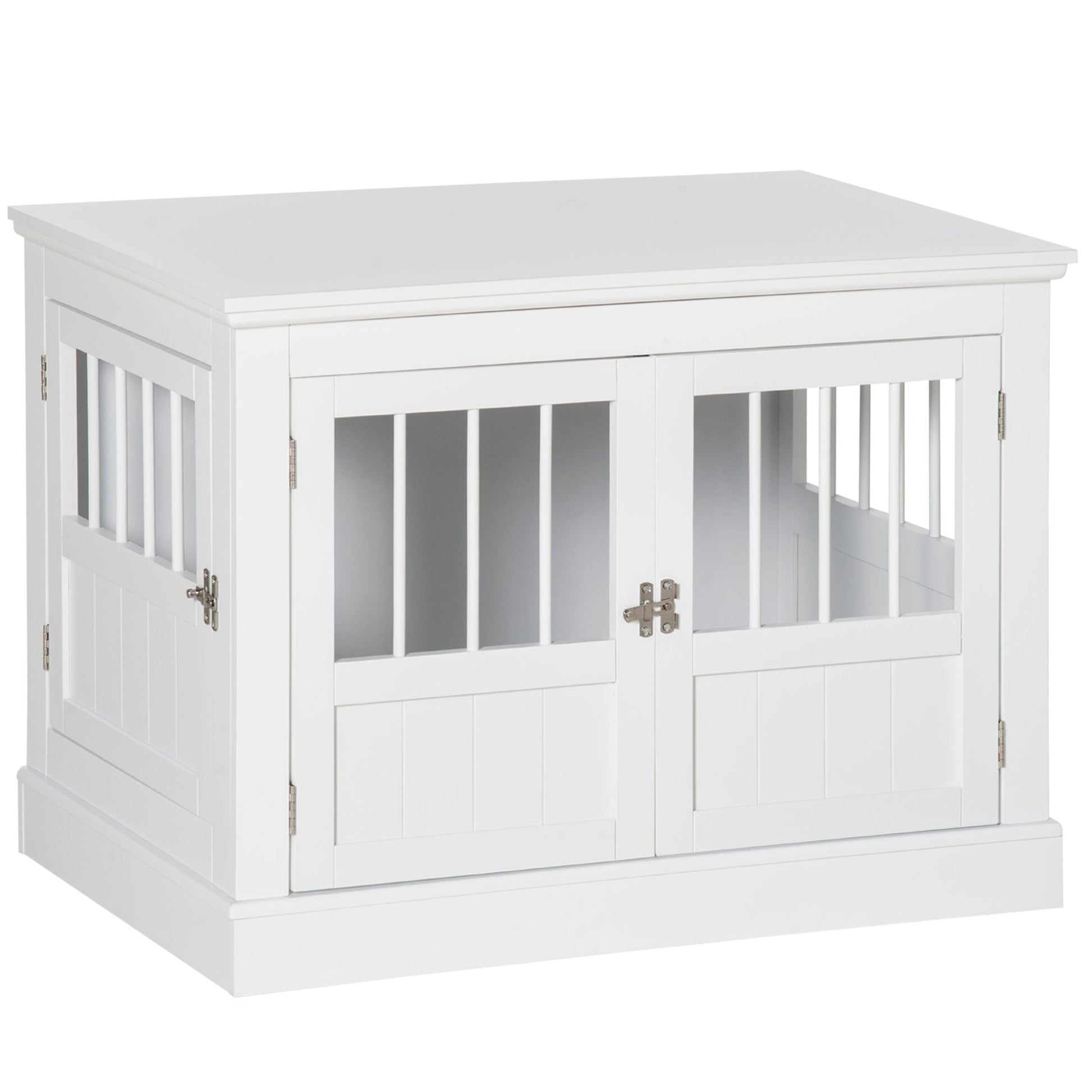 Wooden Dog Crate End Table, White, Triple Doors, Steel Tubes