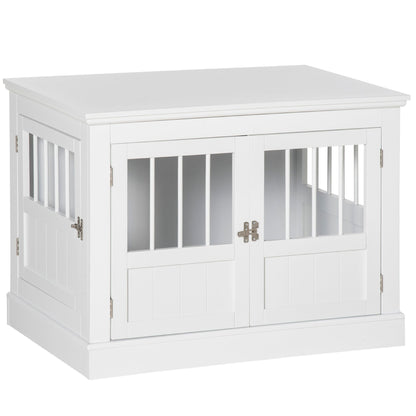 Wooden Dog Crate End Table, White, Triple Doors, Steel Tubes