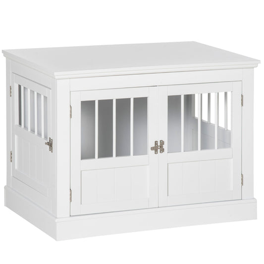 Wooden Dog Crate End Table, White, Triple Doors, Steel Tubes