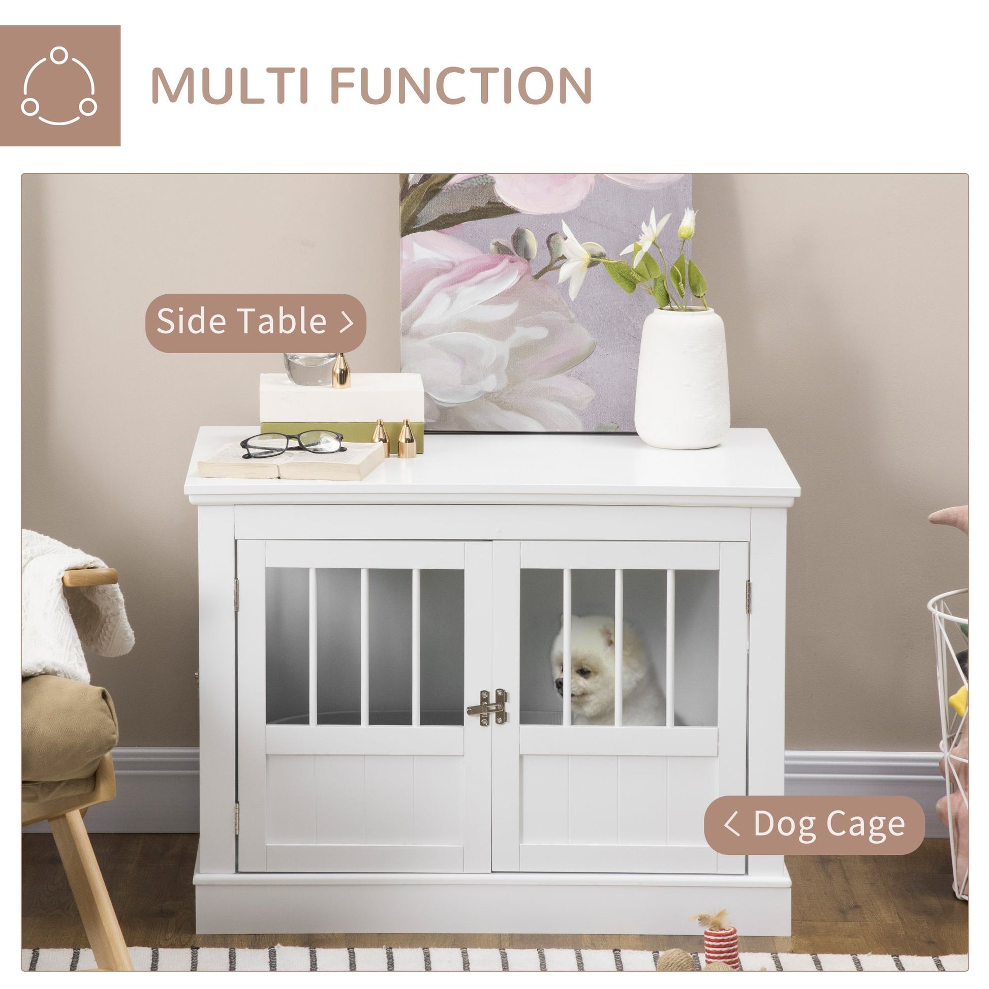 Wooden Dog Crate End Table, White, Triple Doors, Steel Tubes