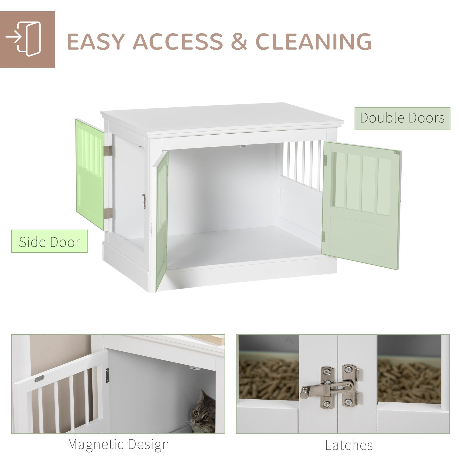 Wooden Dog Crate End Table, White, Triple Doors, Steel Tubes