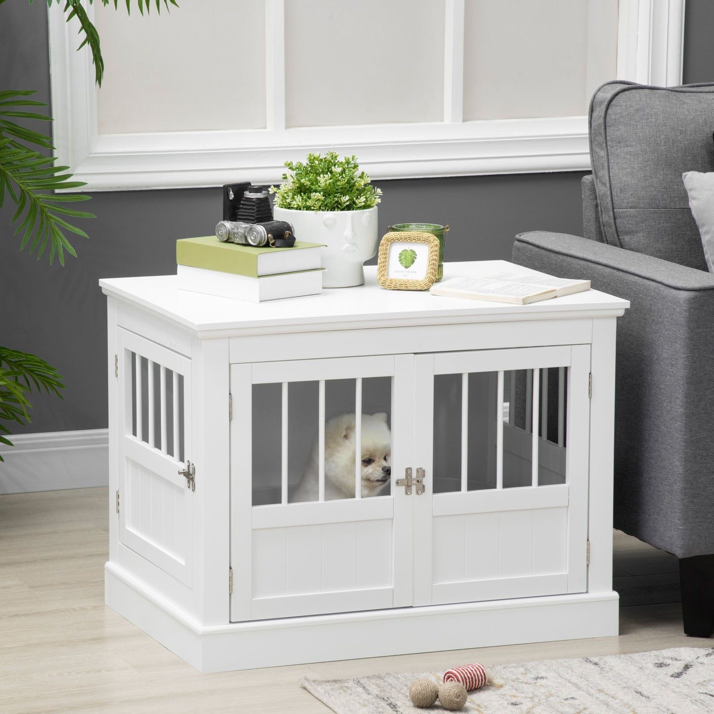 Wooden Dog Crate End Table, White, Triple Doors, Steel Tubes