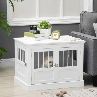 Wooden Dog Crate End Table, White, Triple Doors, Steel Tubes