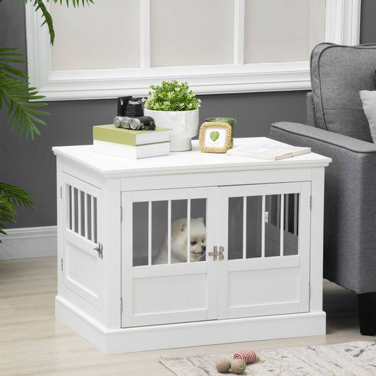 Wooden Dog Crate End Table, White, Triple Doors, Steel Tubes