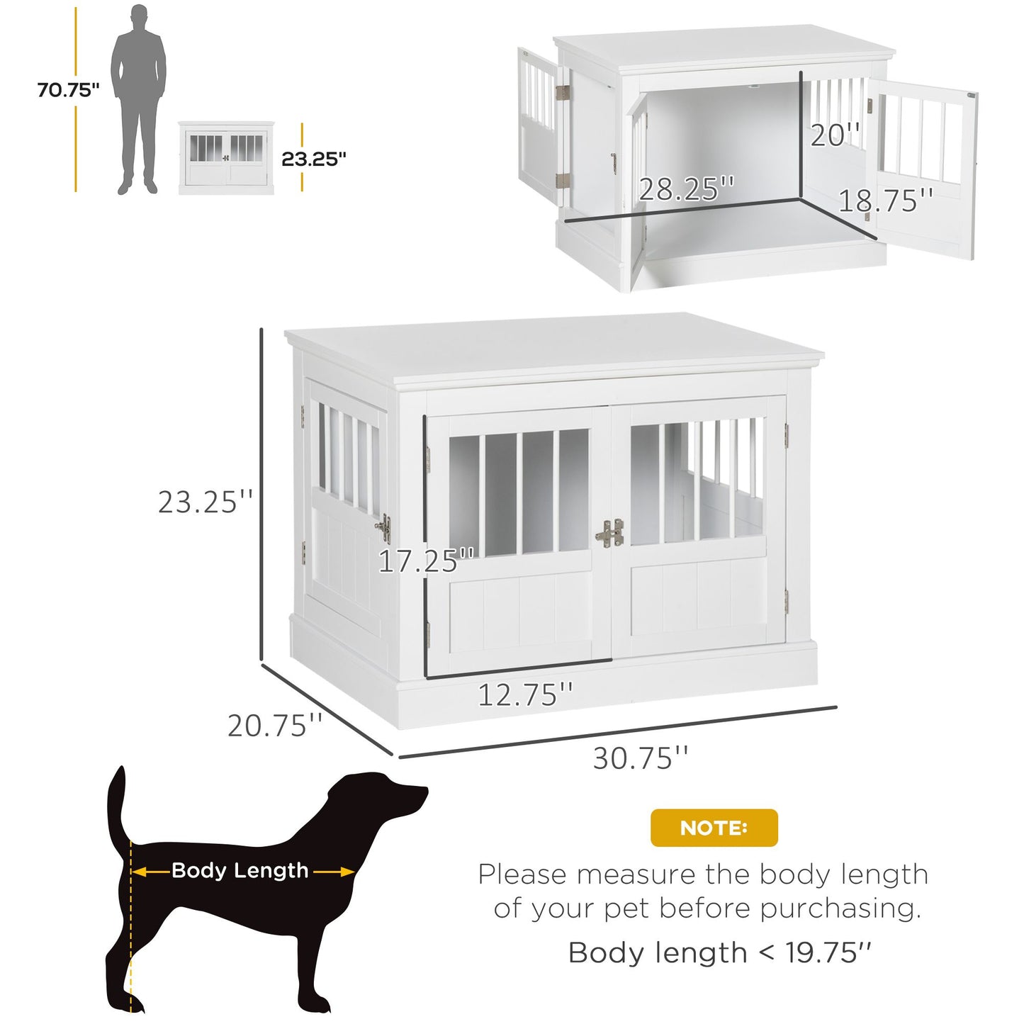 Wooden Dog Crate End Table, White, Triple Doors, Steel Tubes