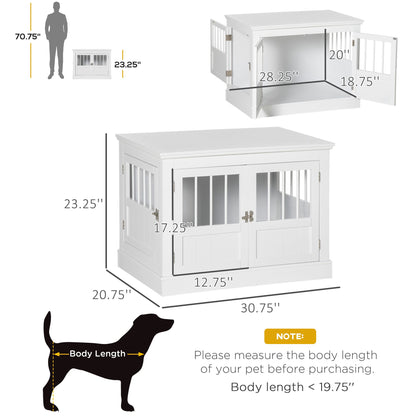 Wooden Dog Crate End Table, White, Triple Doors, Steel Tubes