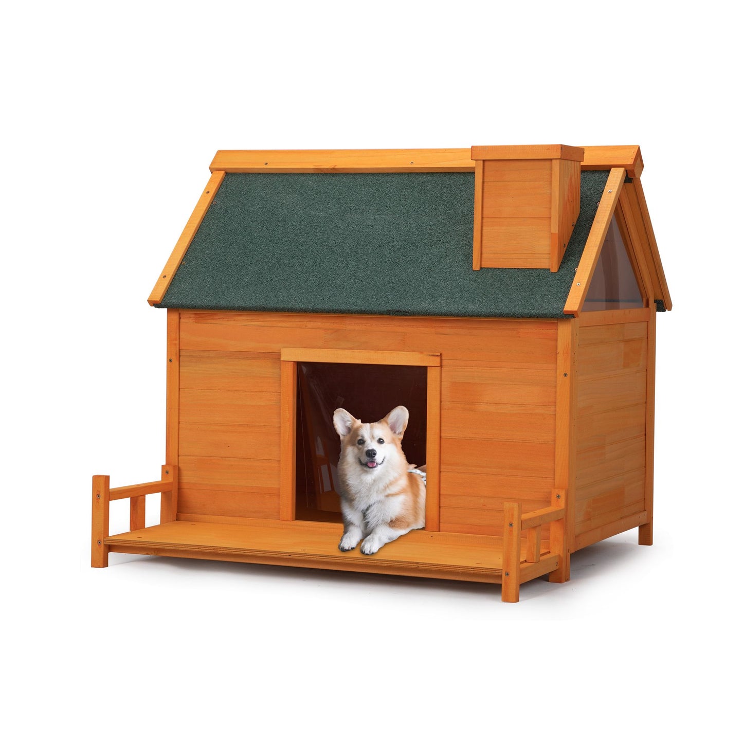 Wooden Dog House, Indoor Outdoor Pet Shelter with Platform, PVC