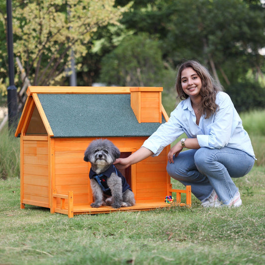Wooden Dog House, Indoor Outdoor Pet Shelter with Platform, PVC