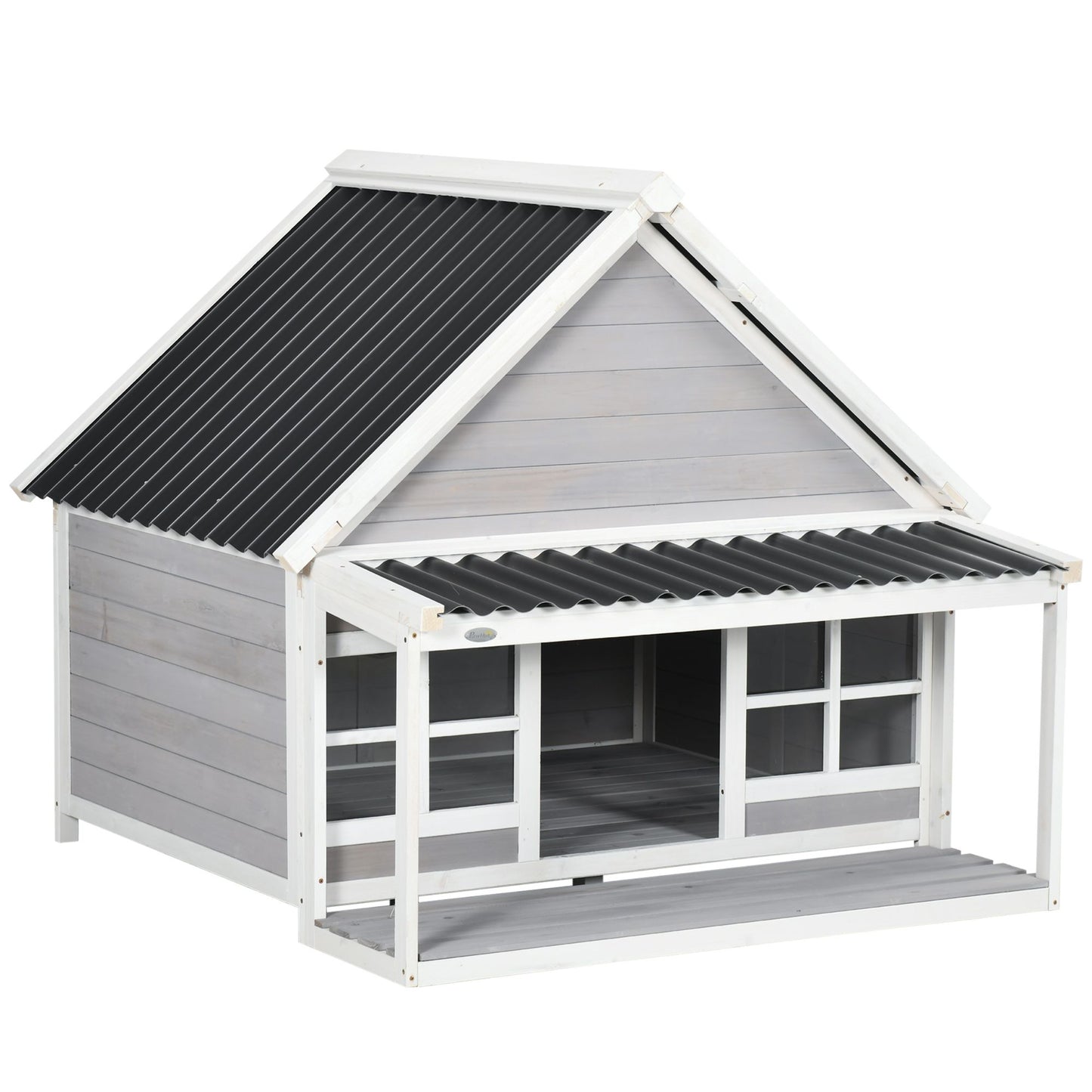 Wooden Dog House with Porch, Dog House Outdoor with Tilt Roof