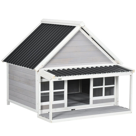 Wooden Dog House with Porch, Dog House Outdoor with Tilt Roof