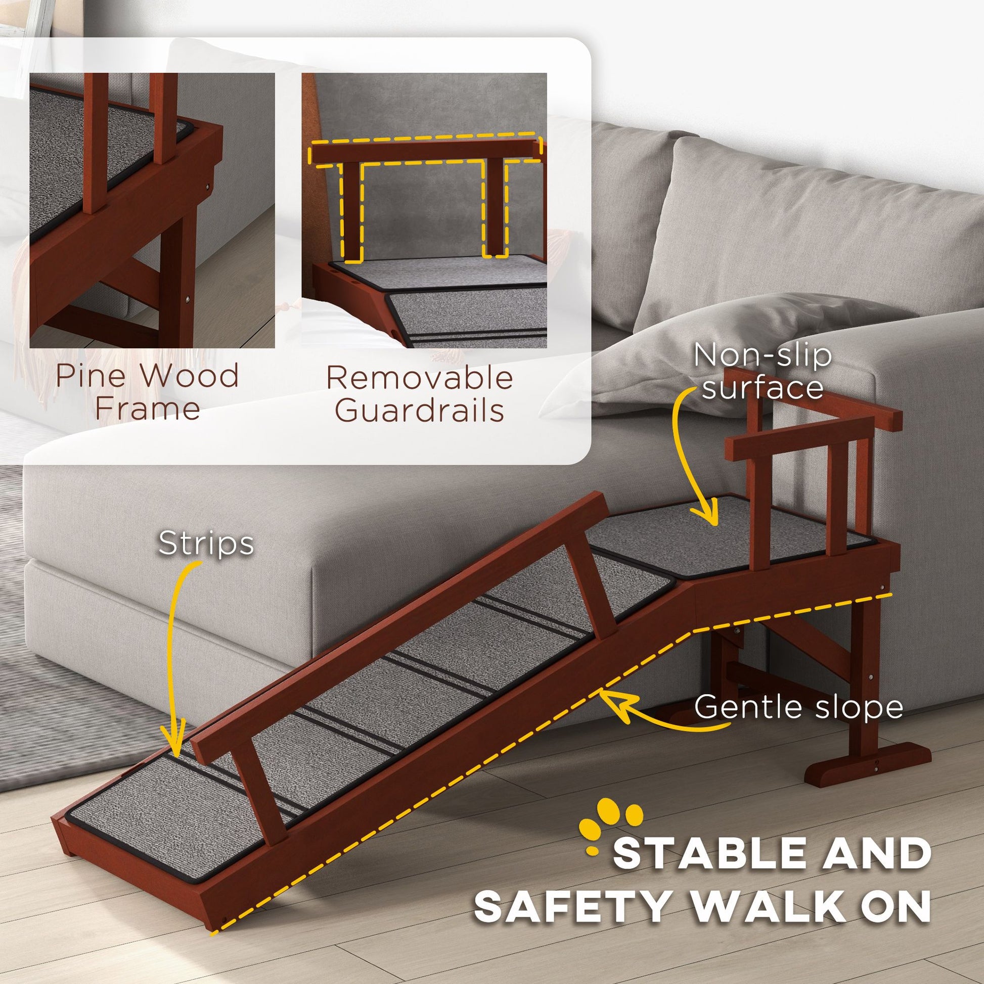 Wooden Dog Ramp with Removable Guardrails, Non-Slip Surface, 49"