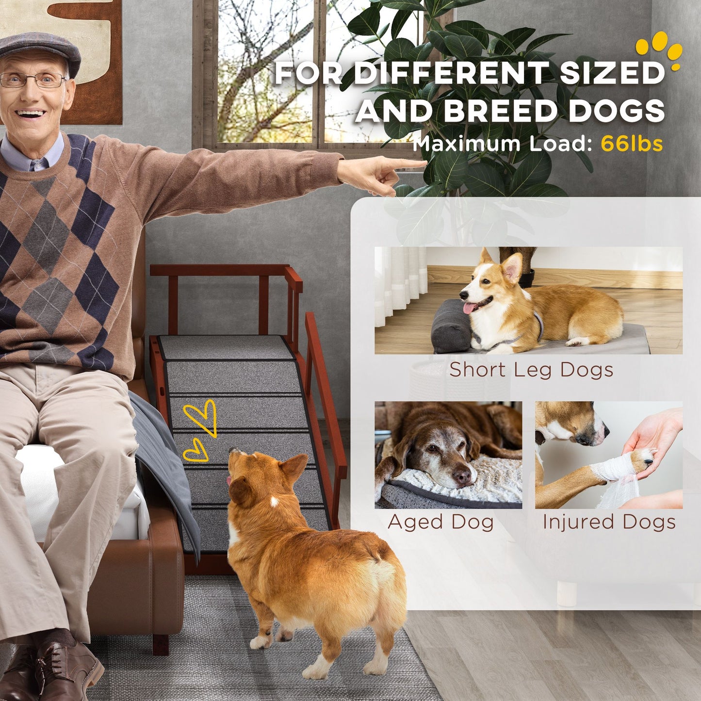 Wooden Dog Ramp with Removable Guardrails, Non-Slip Surface, 49"