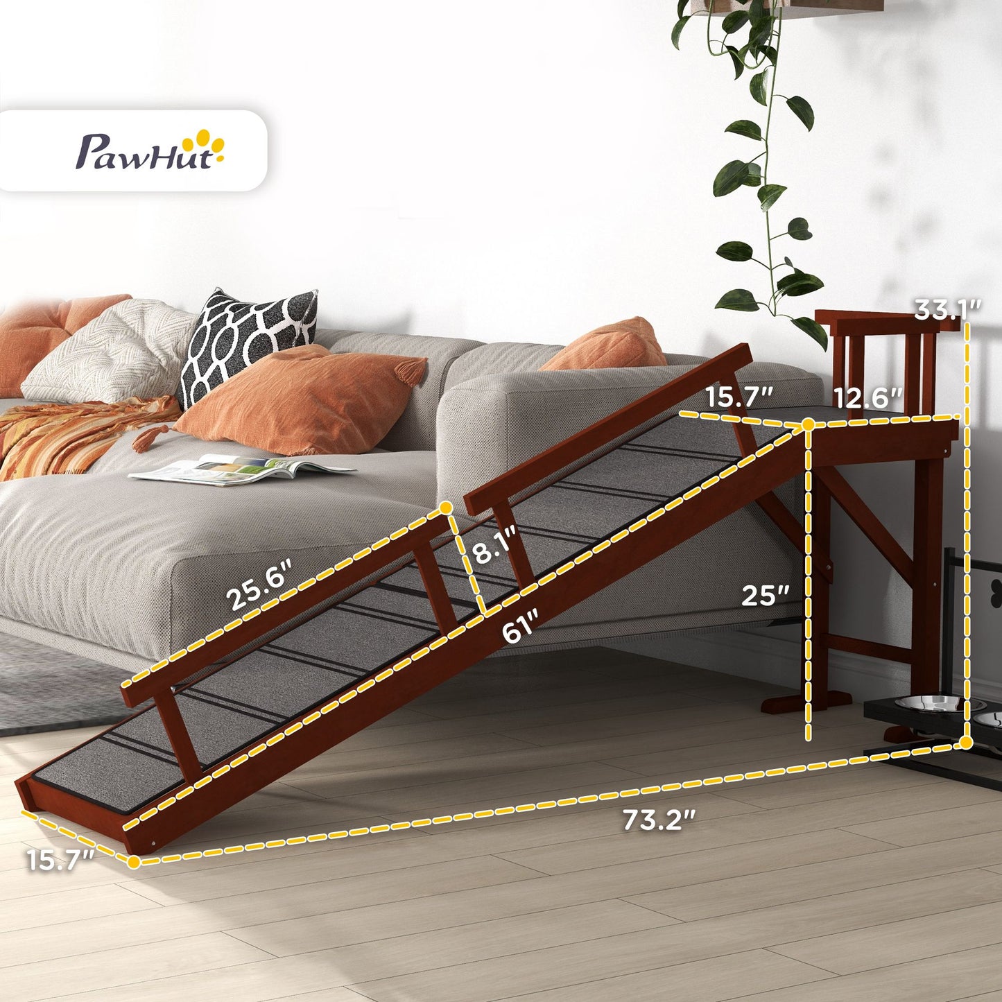 Wooden Dog Ramp with Removable Guardrails, Non-Slip Surface, 73"