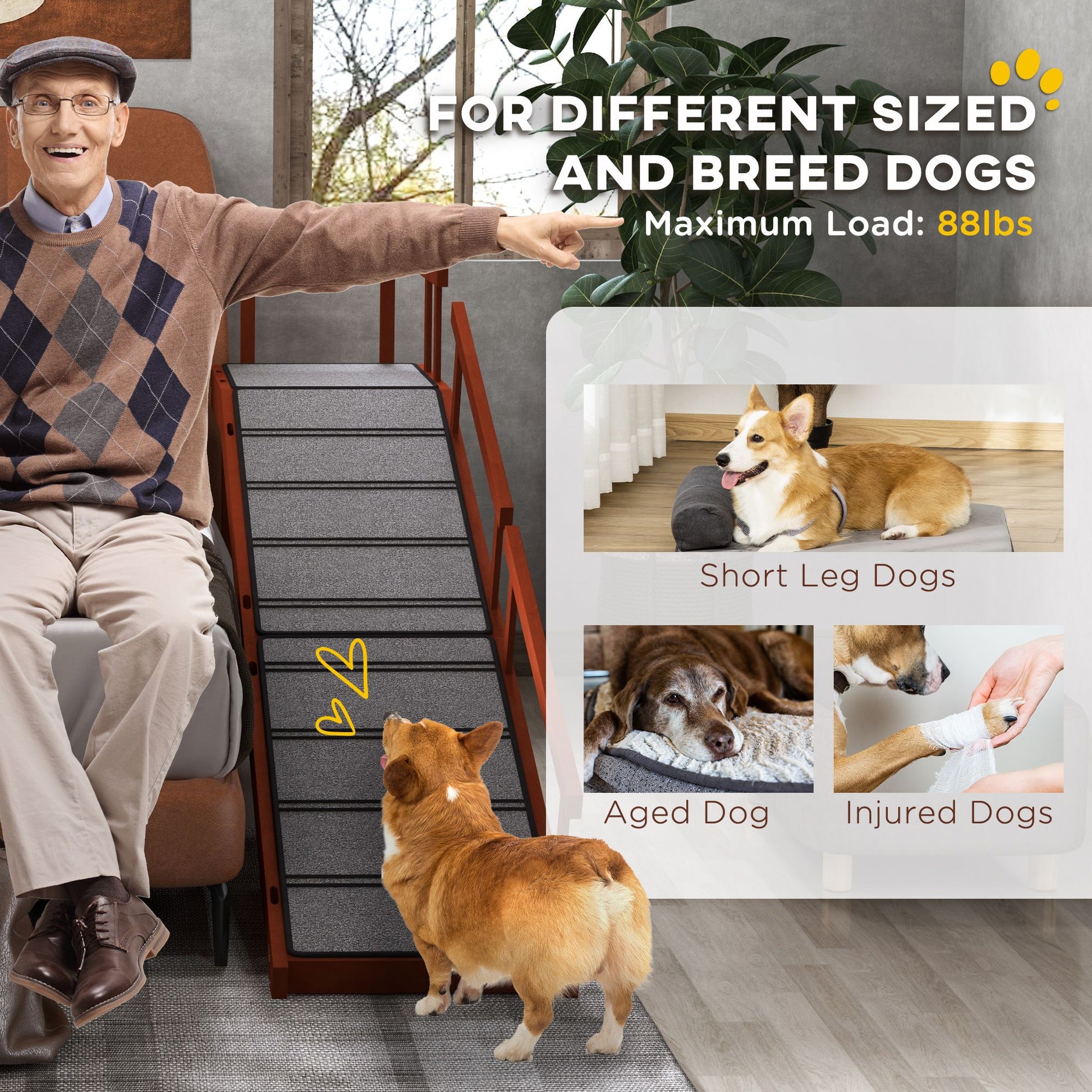 Wooden Dog Ramp with Removable Guardrails, Non-Slip Surface, 73"
