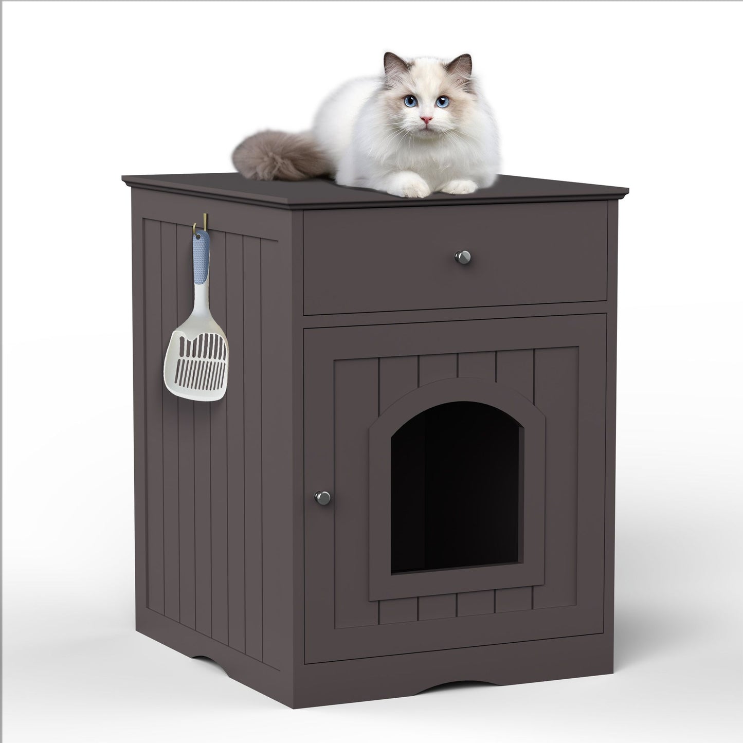 Wooden Pet House Cat Litter Box Enclosure with Drawer, Side Table