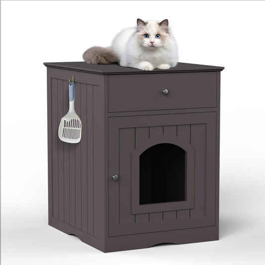 Wooden Pet House Cat Litter Box Enclosure with Drawer, Side Table